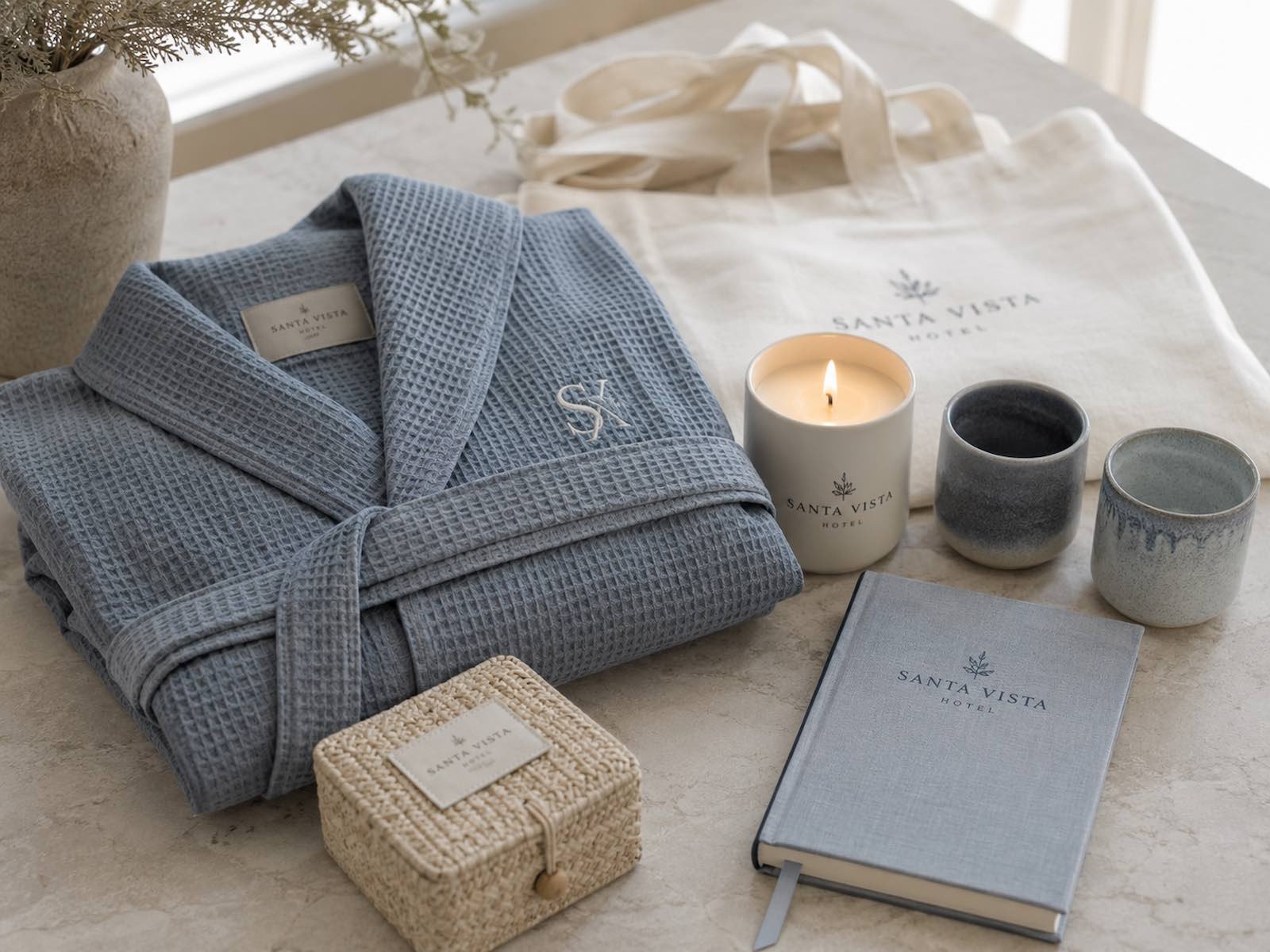 Una cuidada selección de merchandising a medida para hoteles boutique, con albornoces, velas y recuerdos de marca